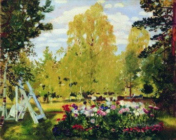  Kustodiev Art Painting - landscape with a flowerbed 1917 Boris Mikhailovich Kustodiev